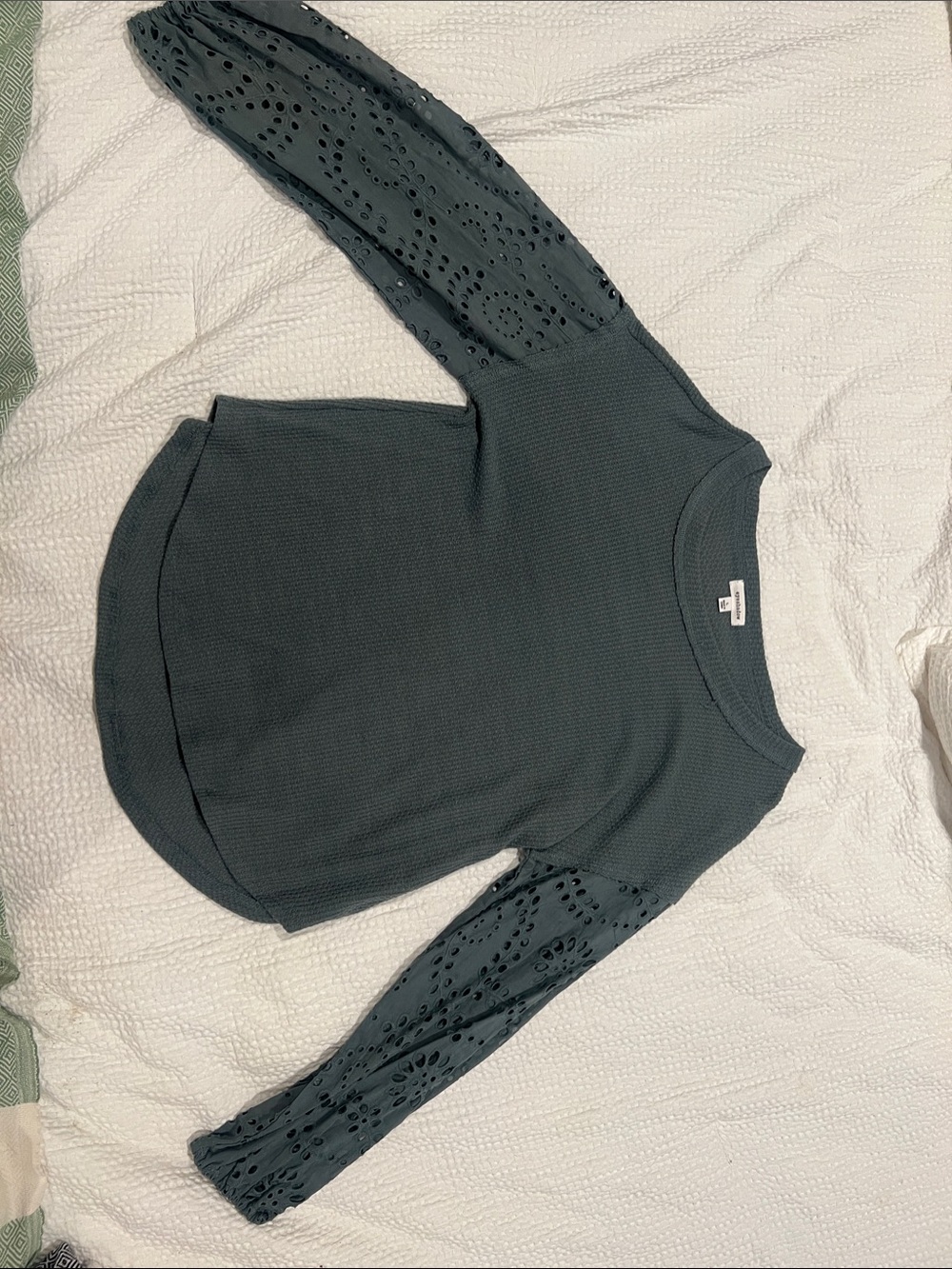 Waffle Knit Long Sleeve Top with Eyelet Sleeves - Dark Teal